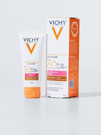 Protetor Solar Com Cor Vichy UV-Glow FPS60 40g - Média a Negra